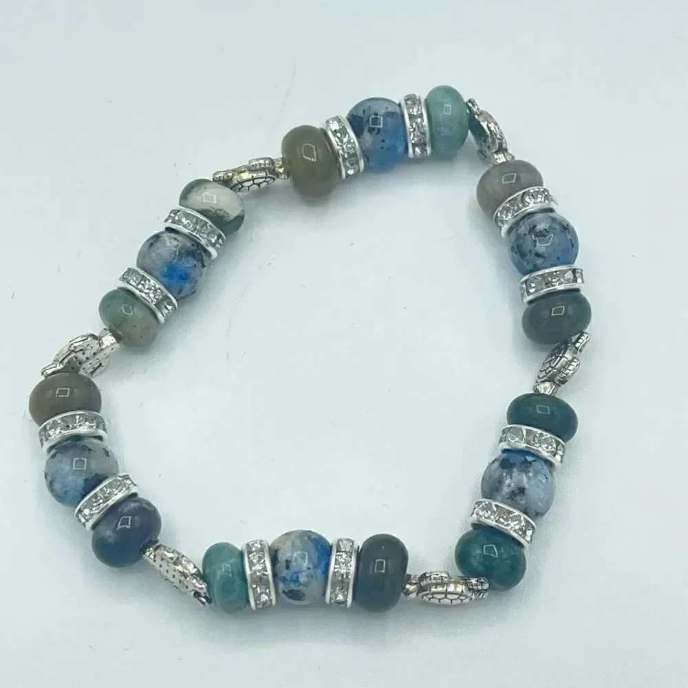 Sea Turtle India agate K2 beaded stretch bracelet ONE NEW crystal reiki yoga med